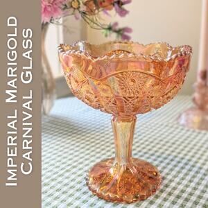 Imperial Glass Marigold Compote Stem Pedestal Bowl Carnival Glass Hobstar & Arch
